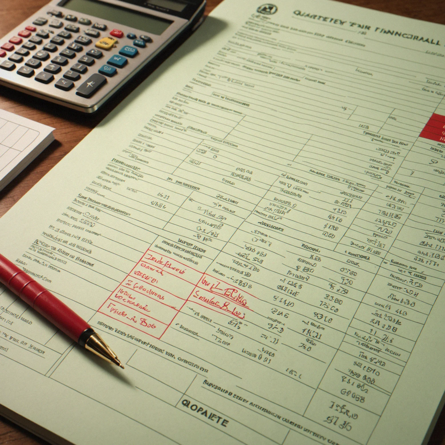 Quarterly financials laid out with revenue items in green and expenses showing in red