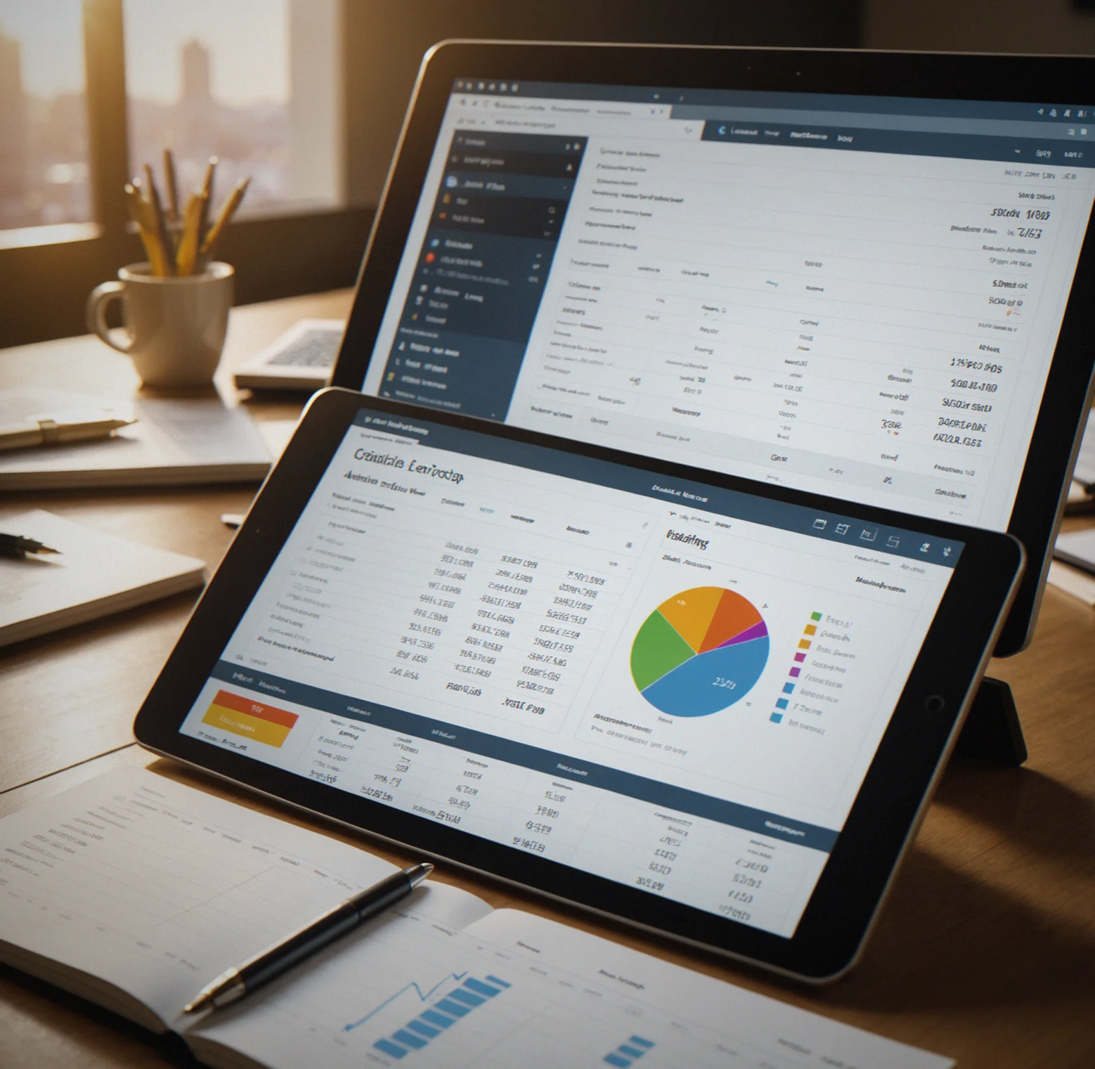 Financial ledger on screen showing account balances and transaction history with competitor stats visible in the background